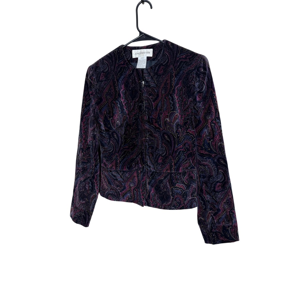 Vintage‎ Jones New York Velvet Paisley Zipper Jacket Women Size 4 Purple Black